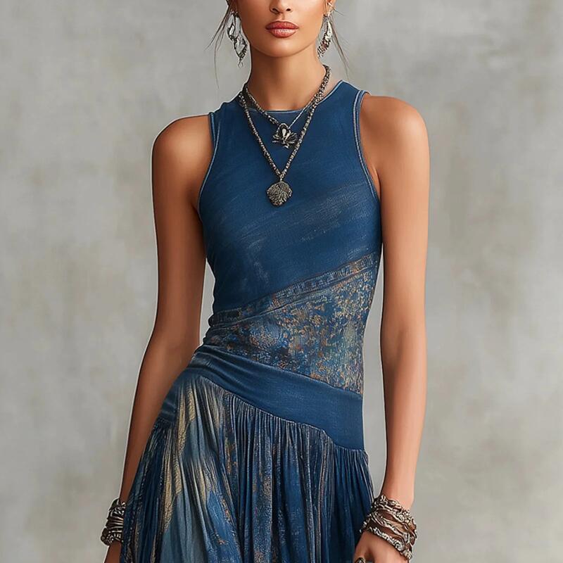 Women Dress Bohemian Vintage Summer Casual Beach Vacation Long Skirt Fashion Print Oneck Slim Shoulder Strap Aline Dress