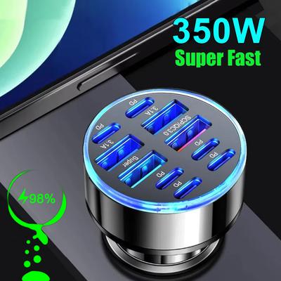 350W 10 Ports Car Charger Fast Charging PD QC3.0 USB C Car Phone Charger Type C Adapter In Car For iPhone Samsung Huawei Xiaomi