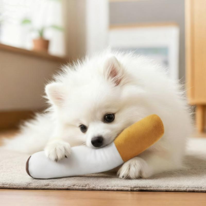 Squeaky Plush Dog Chew Toy Simulated Cigarette Shape Interactive Puppy Teething Toy With Plush Stuffing For Cleaning Teeth