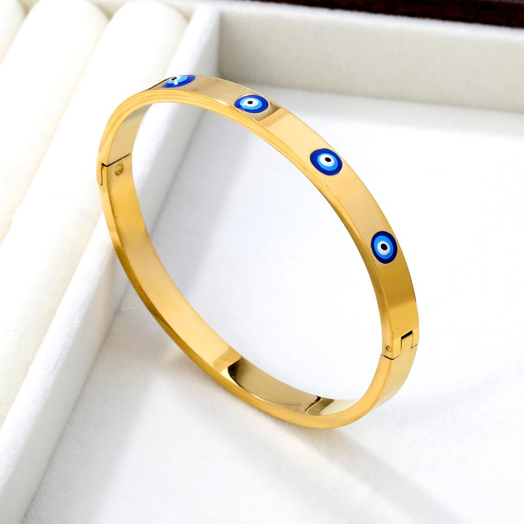 Blue Turkish Eyes Drip-Oil Gold PVD Plated Bangles Waterproof Stainless Steel Hard Bracelets for Female Girl Wrist Jewelry Gifts