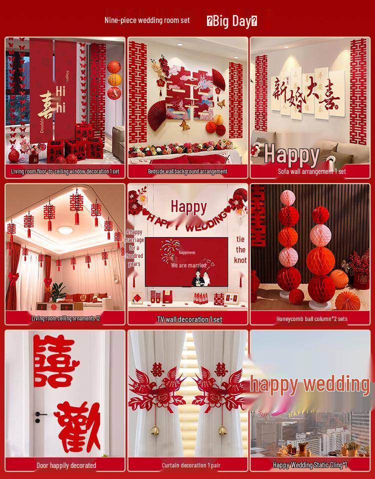 Double Happiness Wedding Room Cloth Banner Set for Ceremony and Hotel Décor