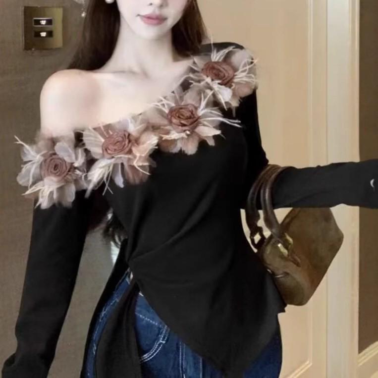 Elegant 3D Floral One-Shoulder Cropped Top - Autumn/Winter Slim-Fit Tie-Up Long-Sleeve Shirt Small чёрный
