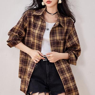 Damen Herbst und Winter Lässig Retro Kariert Langarm Hemd Top