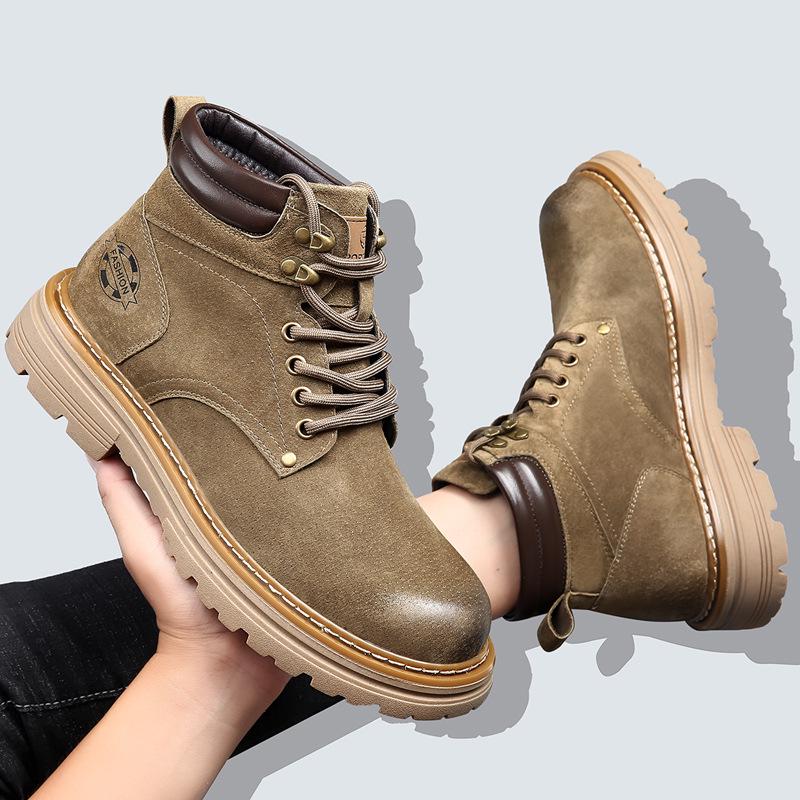 Men's High-Top Warm Genuine Leather Martin Boots - Yellow, Casual Outdoor Hiking & British Work Style for Autumn/Winter