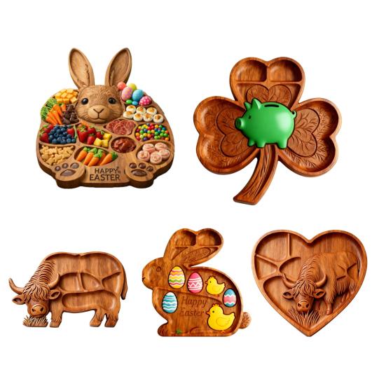 Deli Tray Rustic Rabbit Shape Serving Board with Multiple Compartments Natural Wood Smooth Surface Meat Fruit Nuts Snacks Organizer