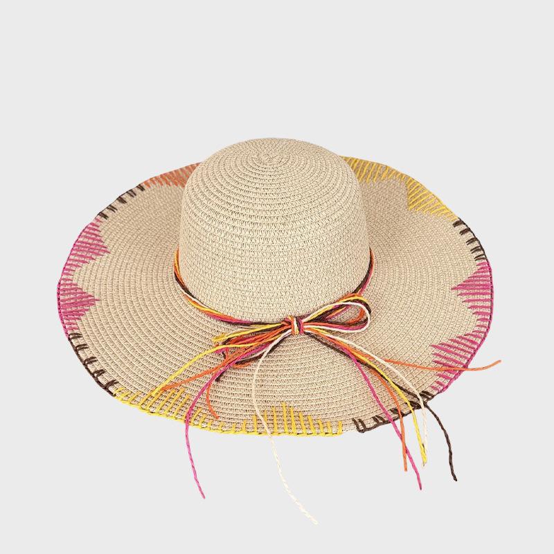 Wide Brim Straw Hat 11.5cm Raffia Paper Rope Sun Cap Women Summer Beach Fedora Bohemian Colorful Stitching UV Protection Holiday