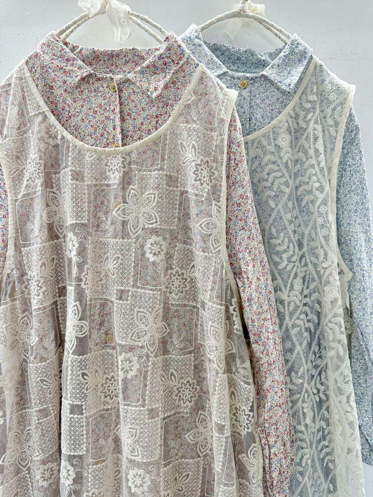 Mori Girl Embroidered Lace-Up Mesh Vest Dress