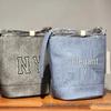 MLB25 Korea Denim Patchwork Bucket Handbag with Adjustable Shoulder Strap for Men and Women