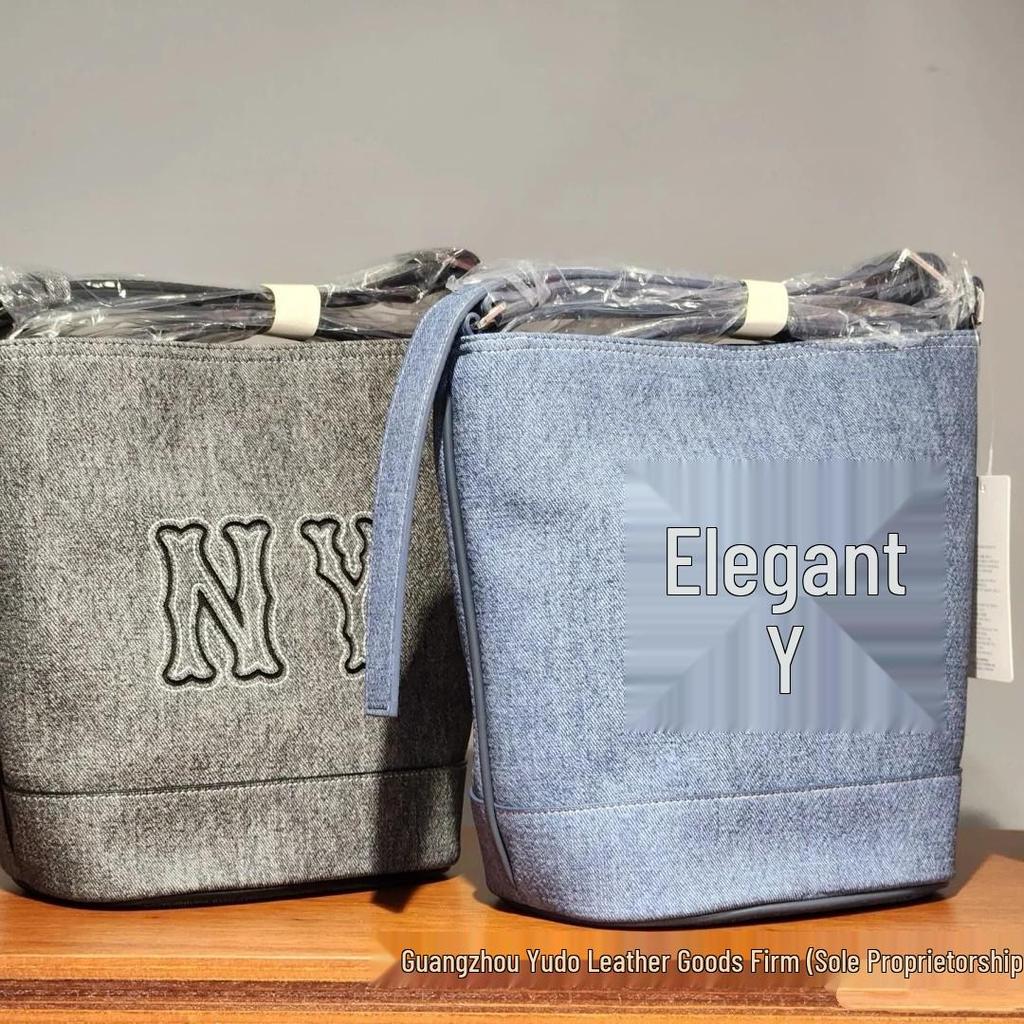 MLB25 Korea Denim Patchwork Bucket Handbag with Adjustable Shoulder Strap for Men and Women