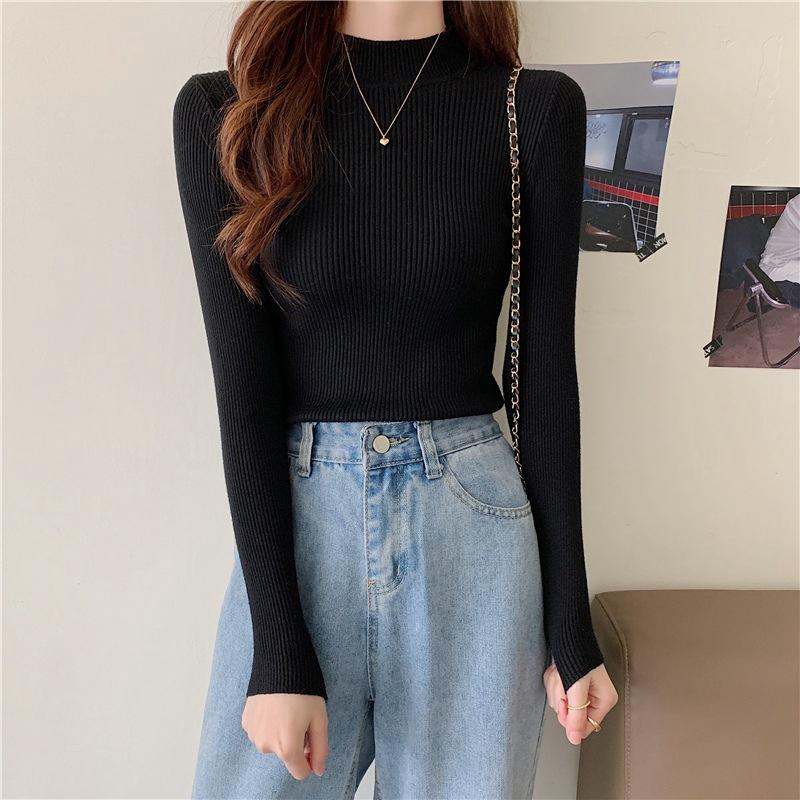 Women Spring Autumn Winter Half High Collar Pullovers Sweaters Jumper Primer Shirt Full Sleeve Short Slim-fit Tight Bottoming Knit Chic Solid One Size