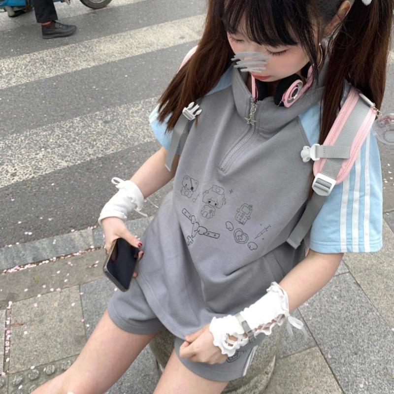 Preppy Styl 2dílné Sety Dámské Oblečení Krátký Rukáv Stojáček Patchwork Trička Ležérní Módní Šortky Oblek Korejský Letní Set