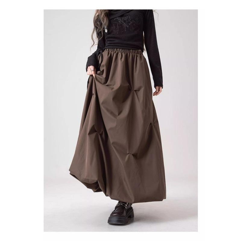 Coffee Brown High Waist Floral Skirt Autumn A Line Flared Pleated Midi Skirt Elegant Fashion Women
