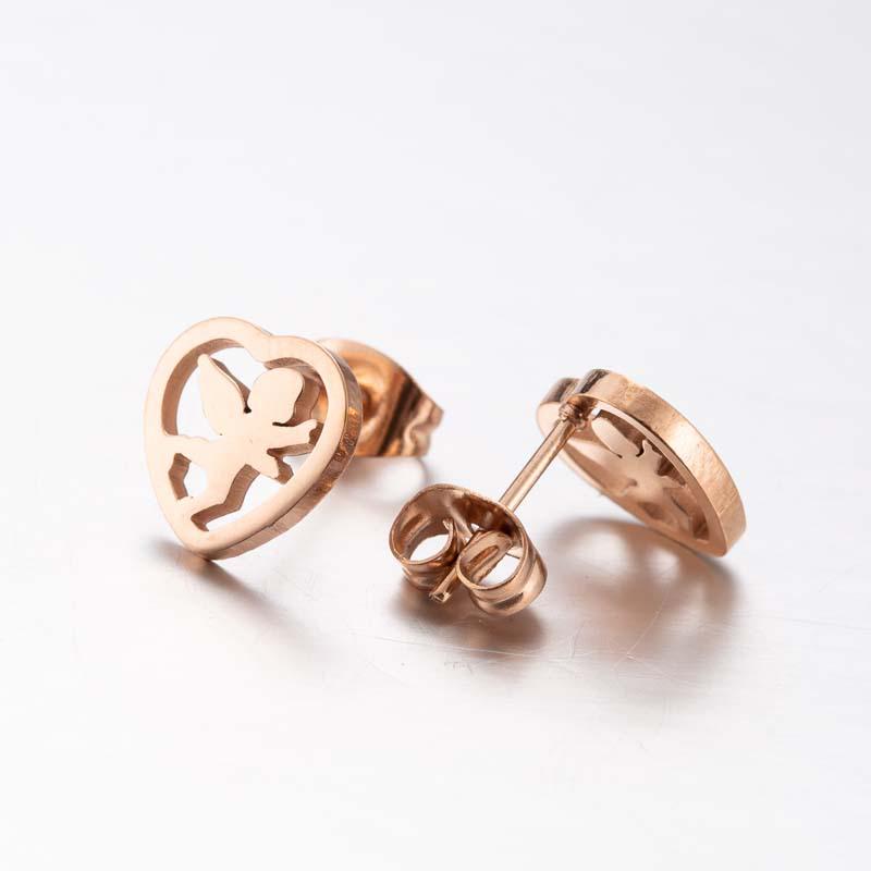 Korean Stainless Steel Peach Heart & Angel Stud Earrings - Cute Couple Jewelry Set