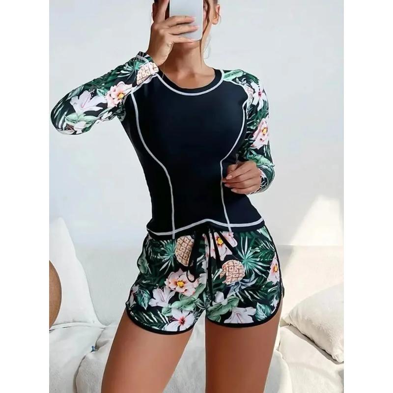 New Long Sleeve Surfing Wetsuit Digital Print Flat Angle Bikini Set Women's Swimming Costume Diving Suit