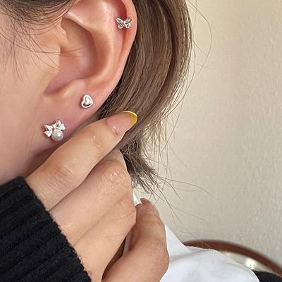 Small Love Bow Pearl Earbone Nails Women'S Simple And Elegant Temperament Versatile Screws Cochlear Earrings Earrings