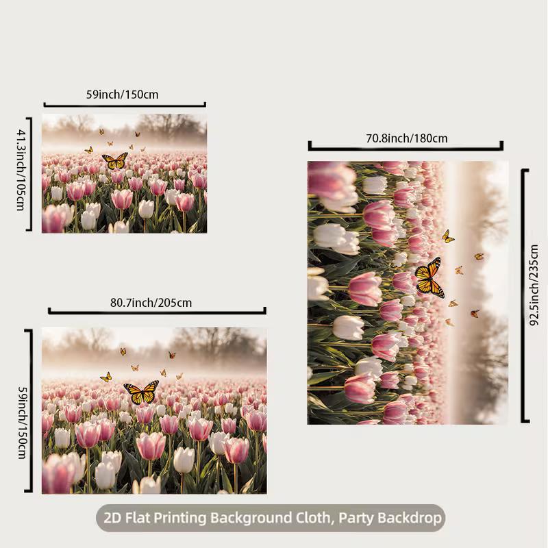 2D Pink Tulip Field Backdrop with Monarch Butterflies Nature Background