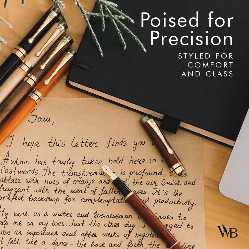 Wordsworth Finest Premium Wooden Fountain Pen Crest 6 Fountain Pen Ink Cartridges and 24K Gold Finish 18K Gold Plated Medium Nib Suitable for Both Men