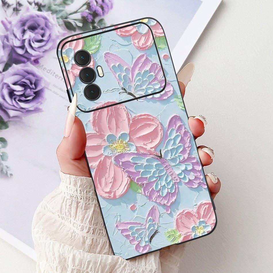 For Tecno Spark 8 Pro 8T 8P Elegant Floral Cat Phone Case For Tecno Spark8 8T 8P 8Pro Black Silicone Soft TPU Cases Bumpers
