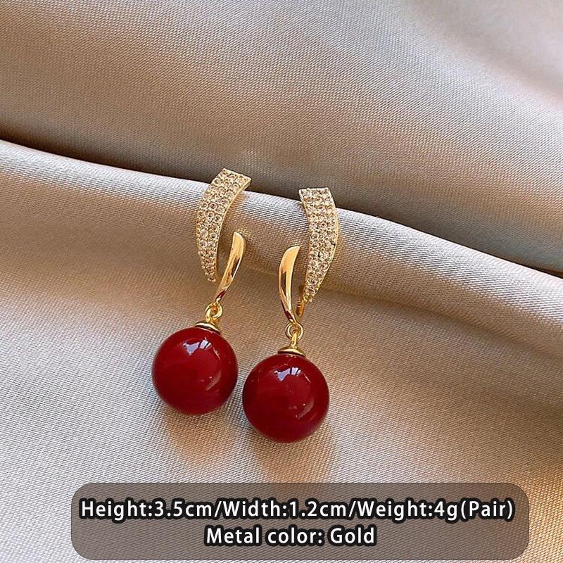 New Design Wine Red Pearl Pendant Metal Inlaid Zircon Hanging Earrings For Women's Light Luxury Jewelry Trendy Accessories