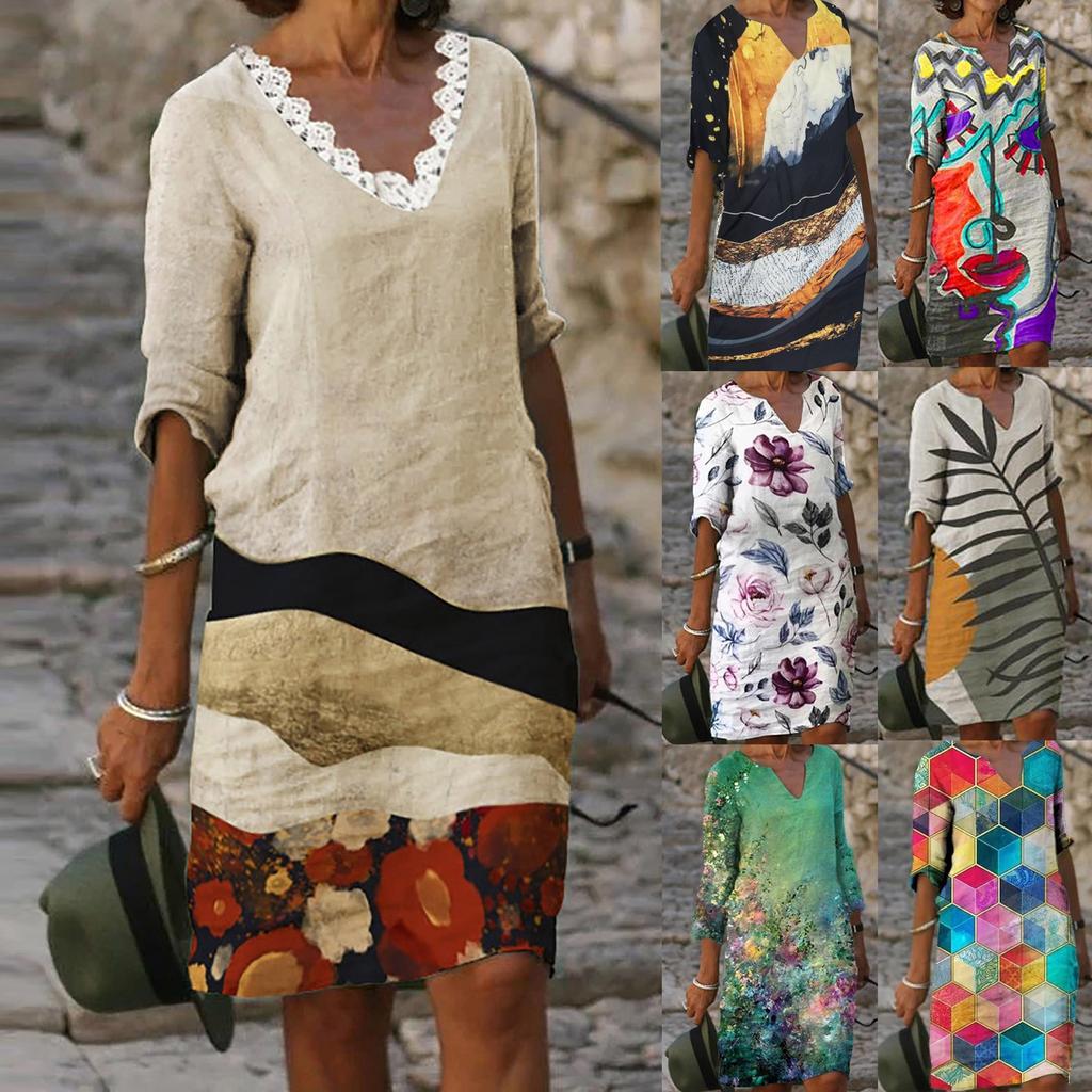 Women Summer V-neck Folk-custom Plus Size Print Loose Mid-sleeve Dress