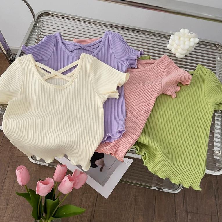 

Лето 2024, детская футболка с короткими рукавами и перекрестной спинкой, однотонный вязаный повседневный топ, детская модная милая детская футболка розового цвета для девочек 2Y