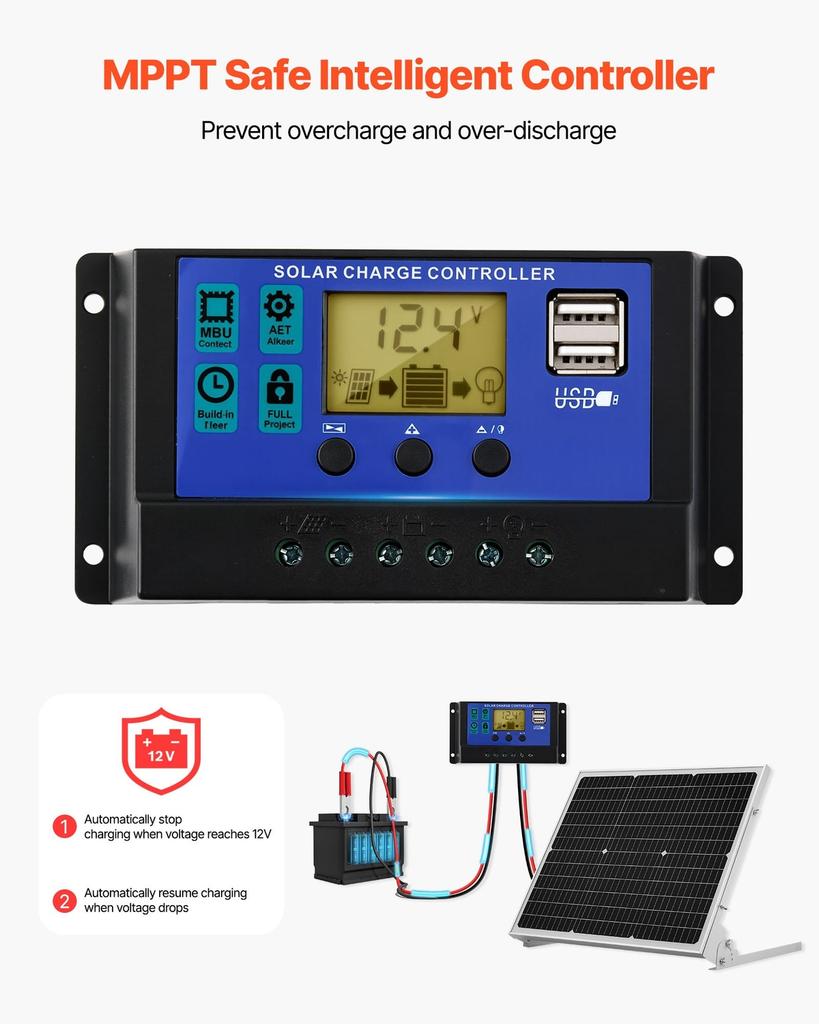 50W 12V Solar Battery Trickle Charger Maintainer, Mono Solar Panel Battery Charger with Upgraded MPPT Controller & Adjustable Mount Bracket, IP65