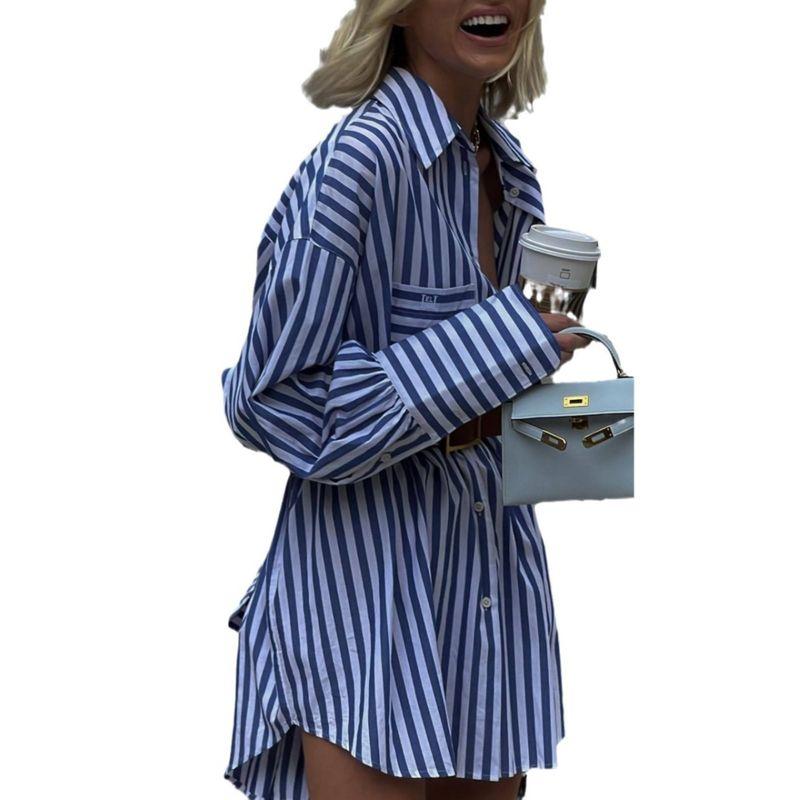 Mid-Length Shirts Loose Stripe Patchwork Shirt Dress Striped Mid Length Shirt