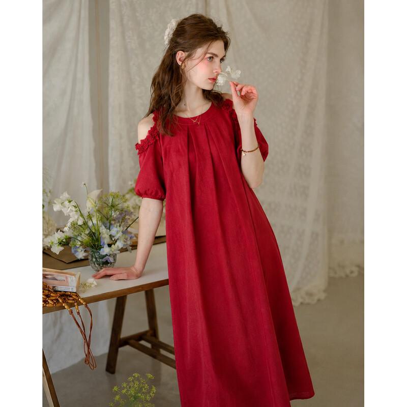 Elegant Linen Blend Hollow Lace Summer Dress M