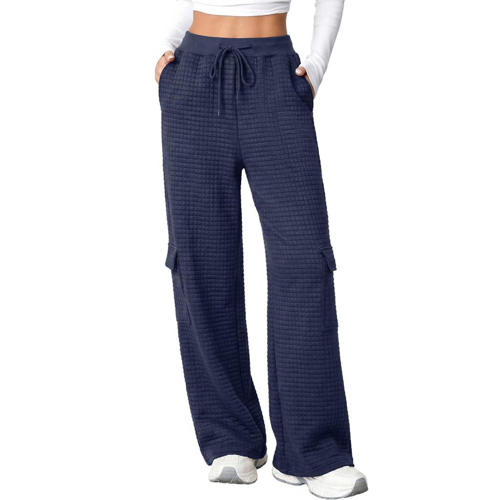 Women Block Texture Wide Leg Sweatpants Cargo Pants with Pockets |