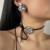 Retro Style Rose Flower Necklace PU Leather Flower Stud Earrings Adjustable Rope Choker  Women