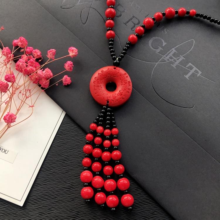 New Vintage Versatile Red Cinnabar Sweater Chain Natural Long Female Rose Necklace Pendant Accessories
