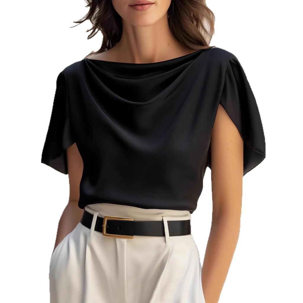 2026 Satin Imitation Silk Drape Swing Collar Short Sleeve Women's Top