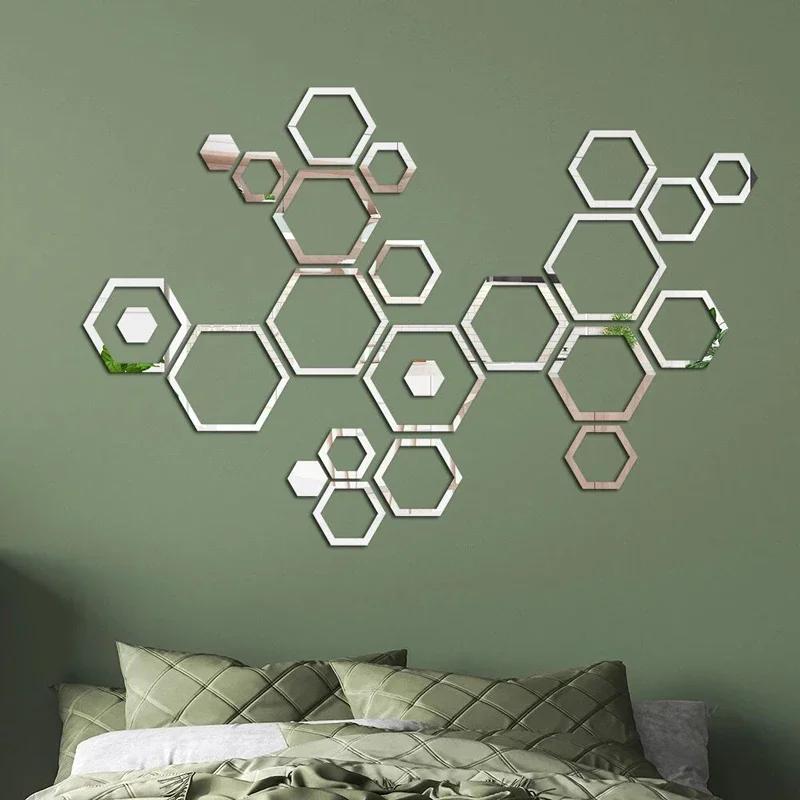 24pcs Hexagon 3D Mirror Wall Stickers Bedroom Creative Self Adhesive Decoration Honey Comb Waterproof Stickers Home Decor