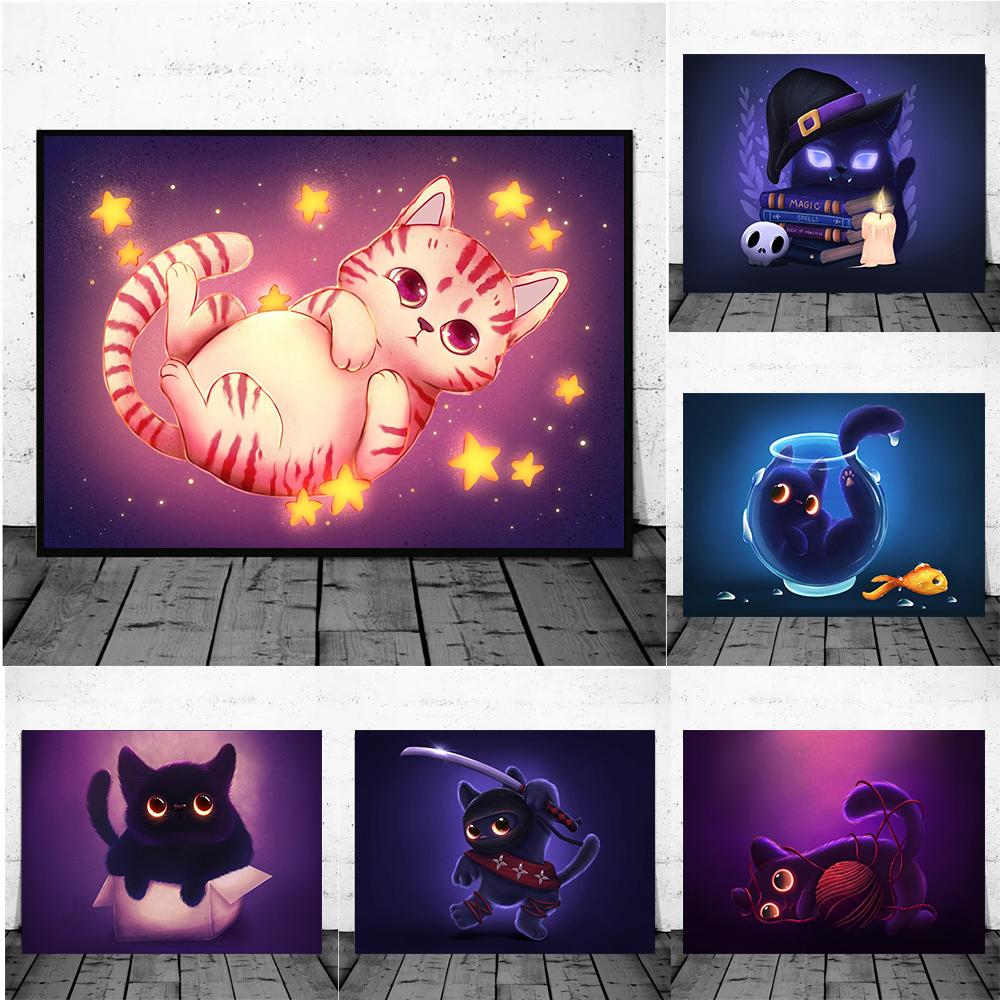 Cartoon Animals Cute Black Cat Prints Poster Canvas Painting Hd Modern Wall Art Pictures For Living Room Bedroom Home Decoration