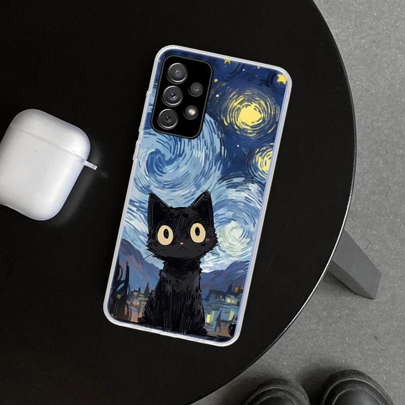 Anime Cute Black Cat Meow Phone Case for Samsung Galaxy A17 A16 A26 A36 A56 A57 A37 A15 A25 A35 A55 A14 A24 A34 A54 A13 A23 A33