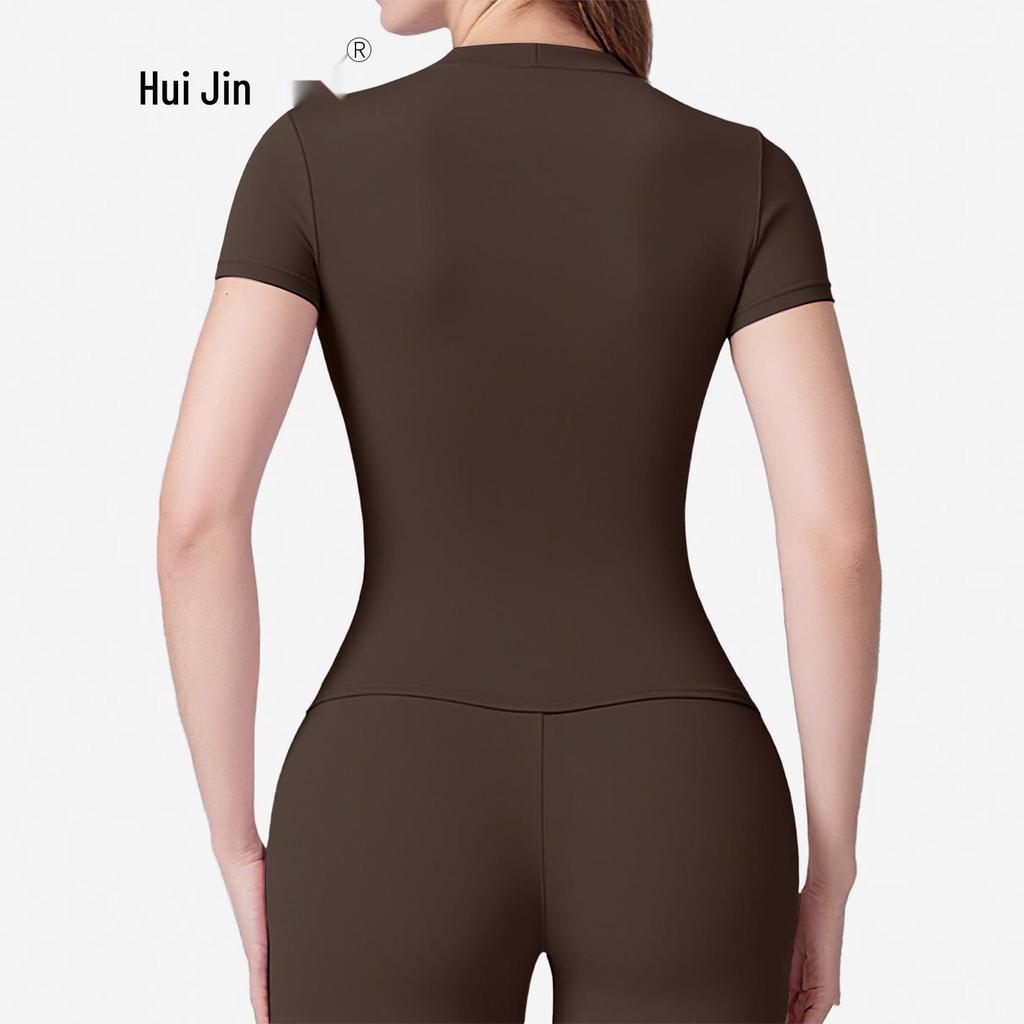 Women's Plain Round Neck Quick-Dry Yoga T-Shirt - Summer Slim Fit Fitness Top