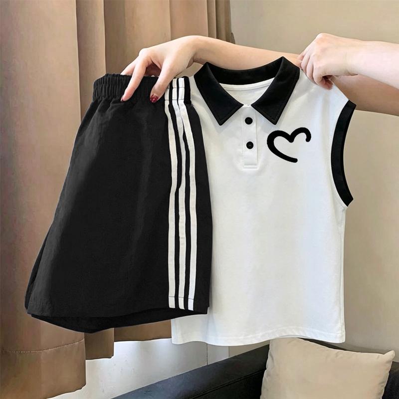 Girls' Patchwork Cotton Polo & Vest Set - Summer Casual Sleeveless Two-Piece
