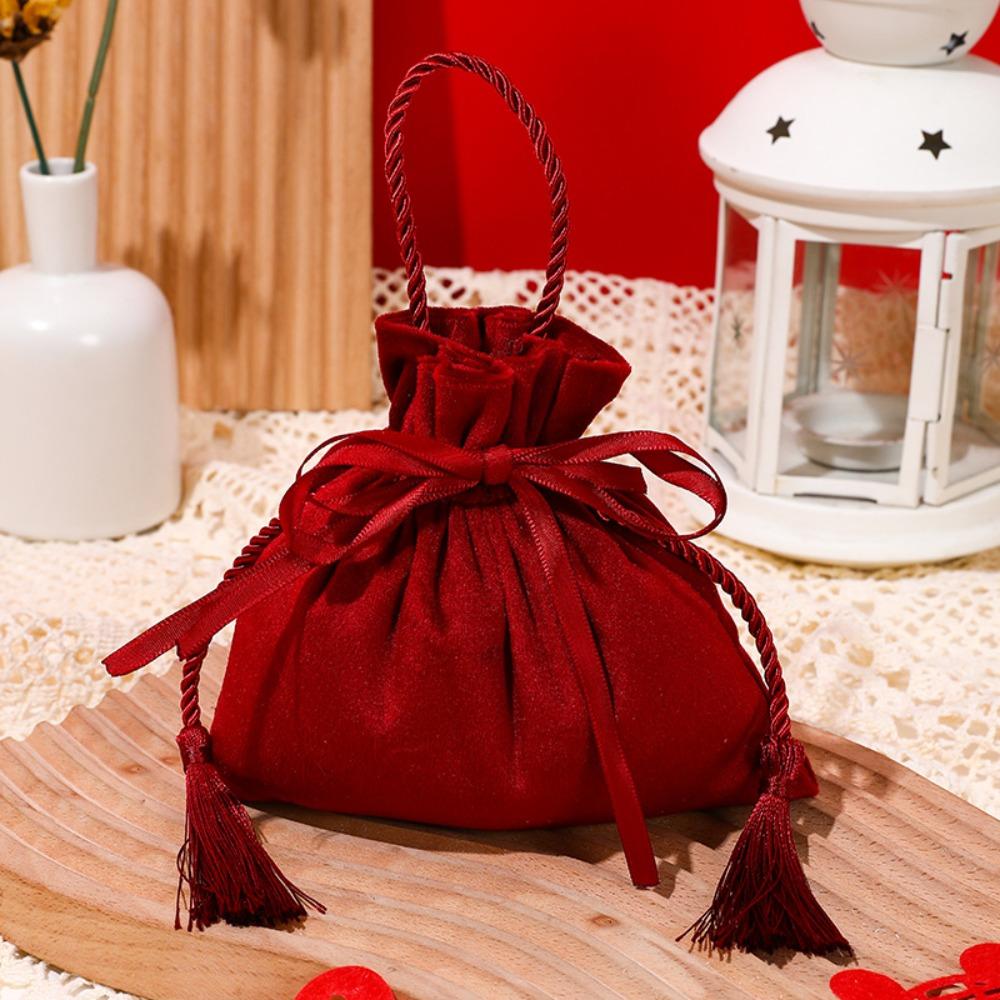 Red Wedding Candy Packaging Bags Velvet Drawstring Pouch Handbag Sweets Chocolate Packing Bag