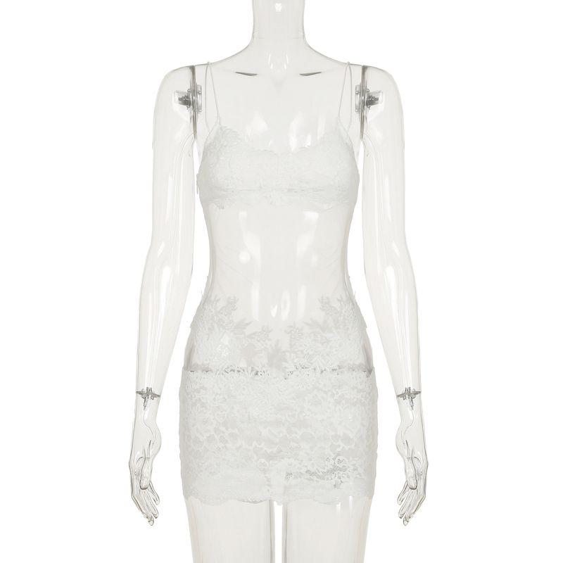 

Cnyishe Pure Desire Advanced Sense Gyaru Lace Stitching Design Sling Dress Perspective Mesh Waist Hugging Long dress White L