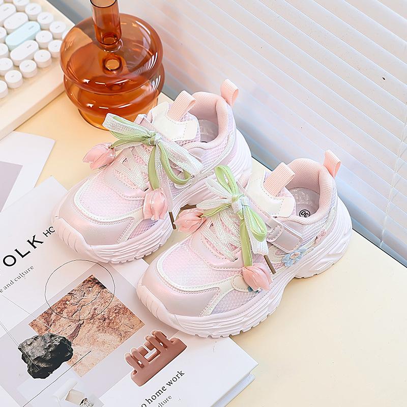 Girls Spring Autumn Mesh Breathable Running Shoes Soft Sole Fashion Flower Dad Sneakers Casual Sports Trainers For Kids