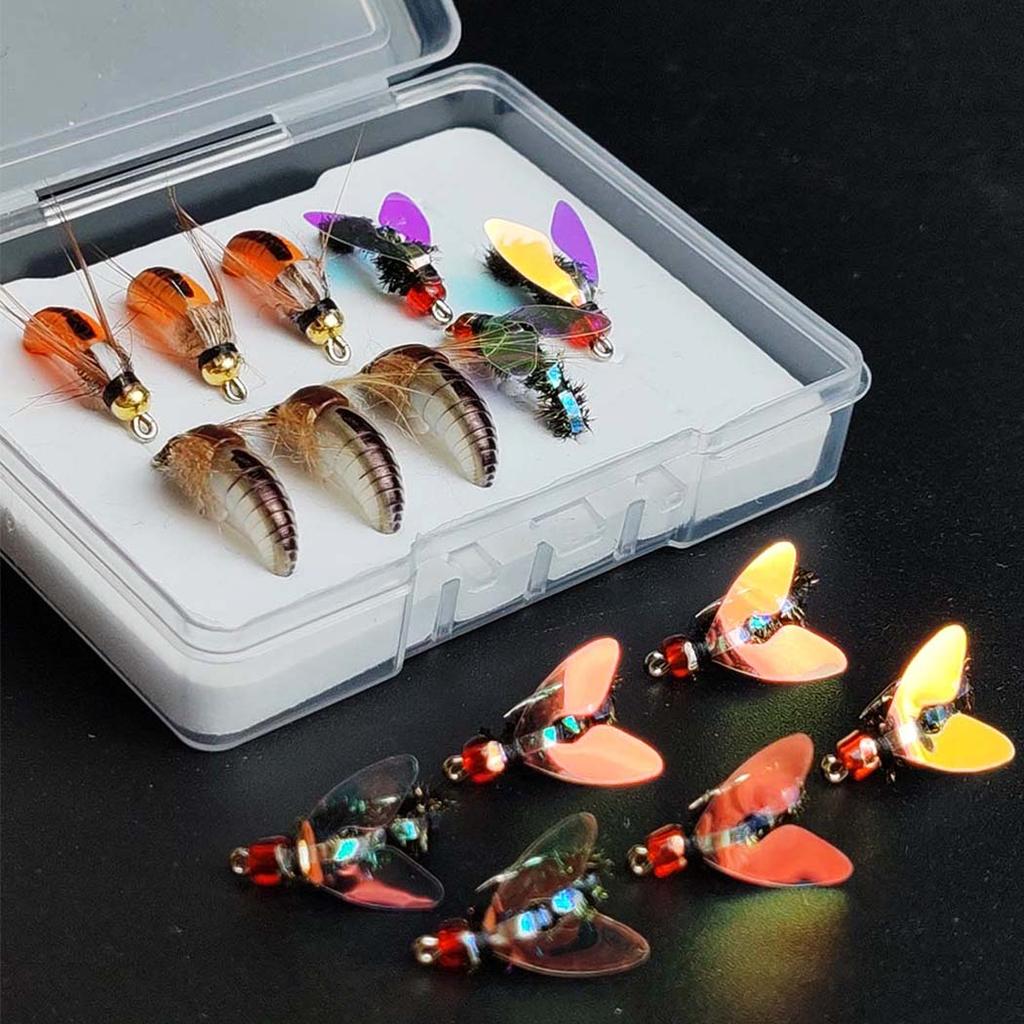 Set da 9 Pezzi Mosche Secche Pesca a Mosca Laser Doppia Ala Mosche Artificiali Esca, Ninfa, Ninfa con Testa in Ottone Esca, Lure per Pesca Trota Salmone