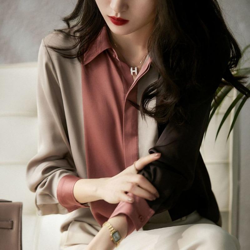 Color-blocked Long-sleeved Shirts for Women Spring and Autumn New Loose-fitting Chiffon Shirts Professional Tops
