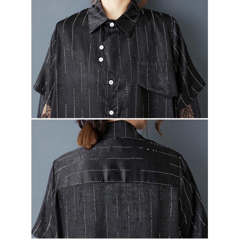 Dimanaf Plus Size Loose Dress Blouse Women 2025 Lace Stripe New Summer Style Black Shirt Dress