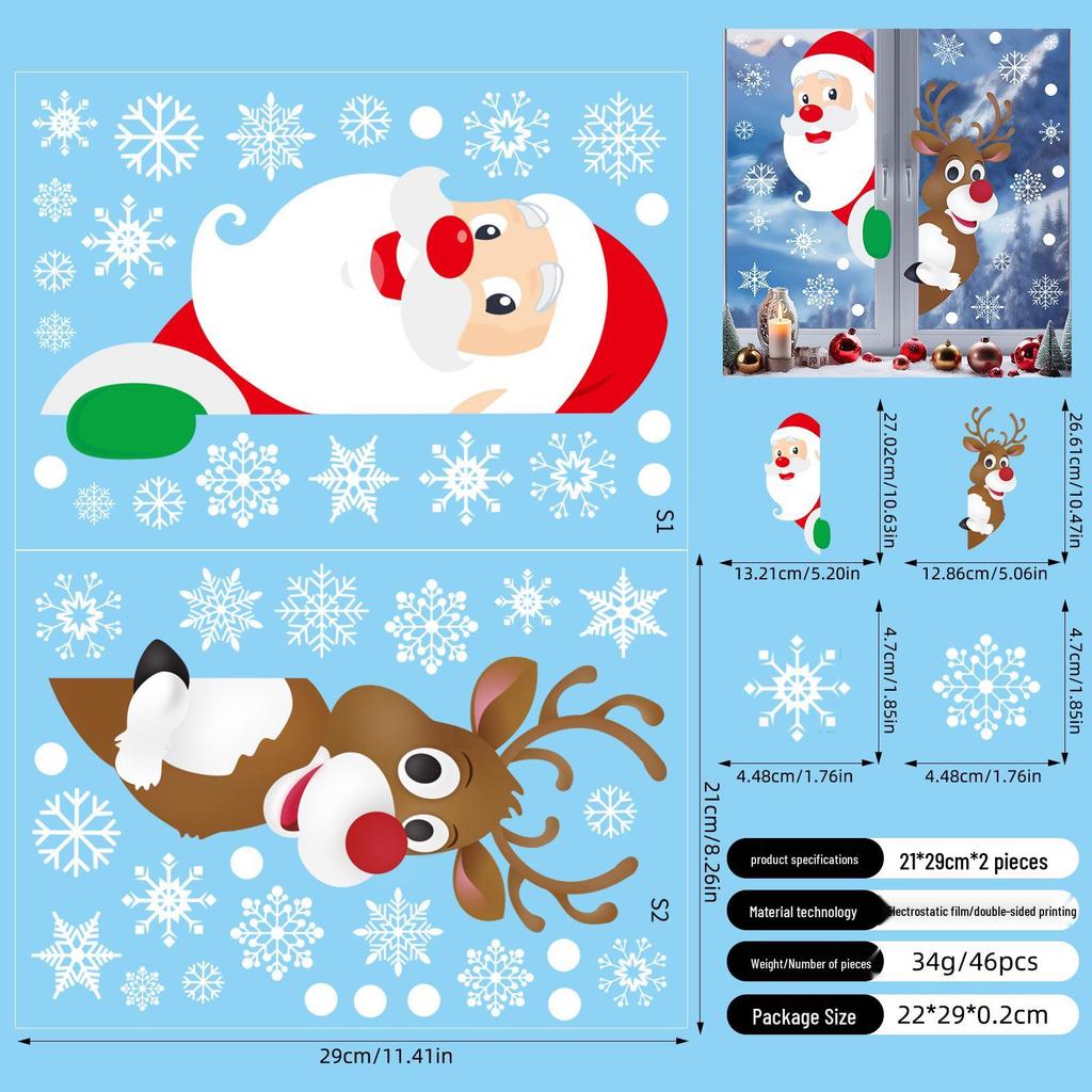 Weihnachtsmann, Schneemann, Rentier & Schneeflocke Elektrostatische Fensteraufkleber