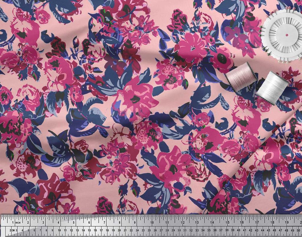 Soimoi Blue Poly Crepe Fabric Artistic Leaf & Floral Fabric Prints By Metre 42 Inch