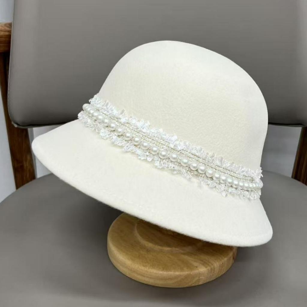 Elegant fashion celebrity style pearl wool bucket hat women autumn and winter British top hat travel temperament basin hat