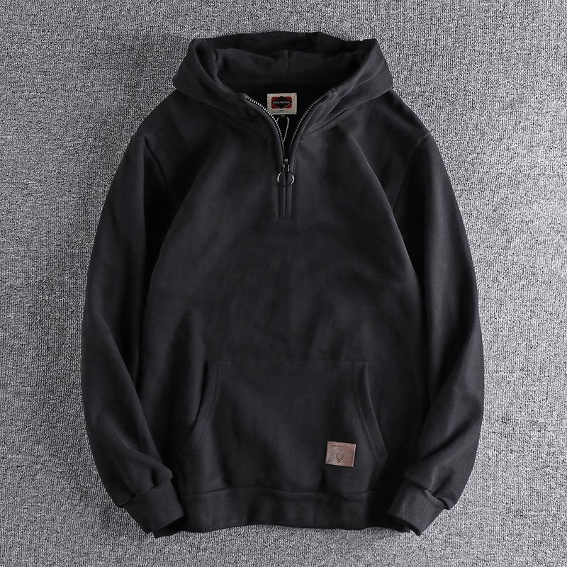 500g Heavyweight Half-Zip Men's Hooded Sweatshirt - Vintage Japanese-Style Trendy Youth Top