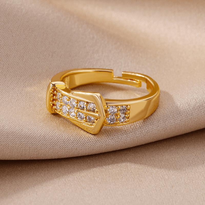 Chic Gold Color Buckle Shaped Ring With Sparkling Zircon Fashion Trendy Adjustable Ring Women's Gatherings Jewelry