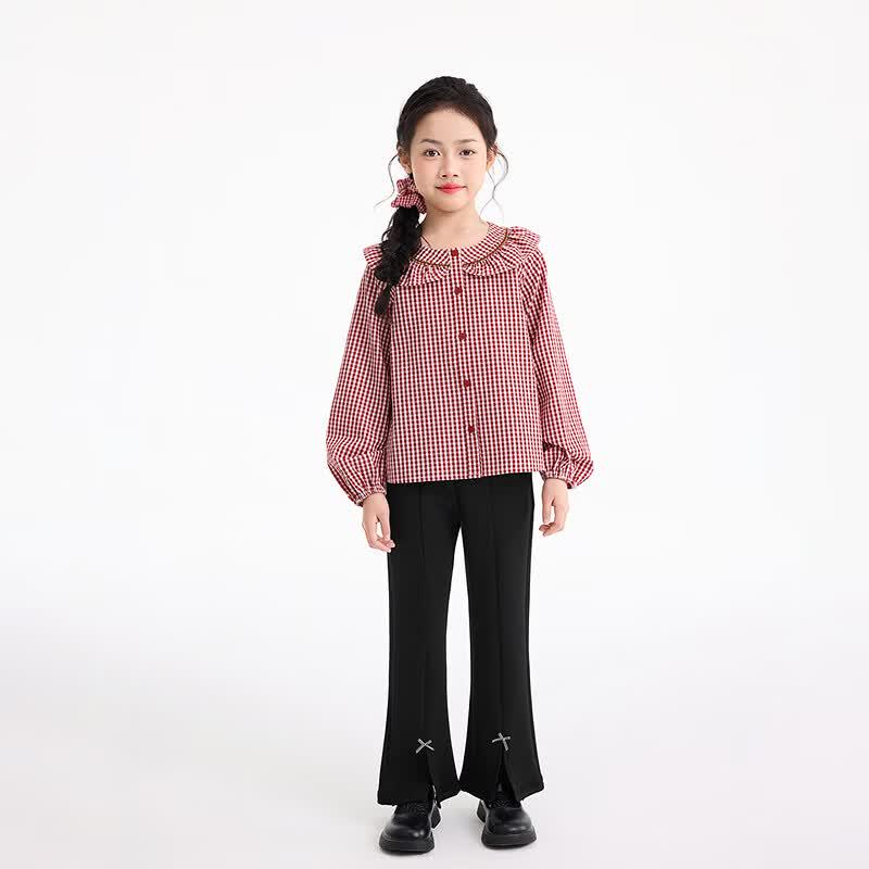 Girls' Plaid Peter Pan Collar Lantern Sleeve Shirt