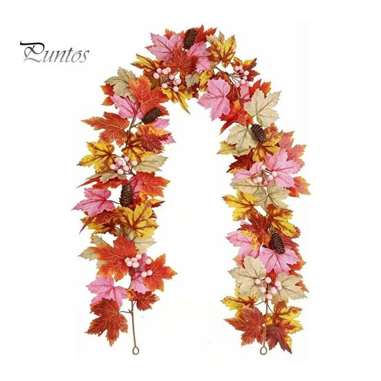 Holiday Gifts for Family Artificial Fall Maple Leaf Wreath, Autumn Vine with Pine Cones Pumpkins, Reusable Realistic Orange Red Leaves Hanging